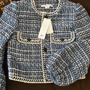 Brand New Veronica Beard "Brim" tweed jacket with contrast blanket stitching